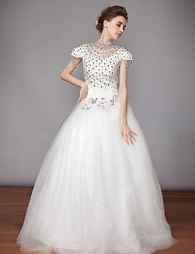 

2016 New Hot Fashion Free Shipping Elegant Ball Gown White Floor-length High Neck Short Sleeves Beading Organza Wedding Dresses 214, Same as image