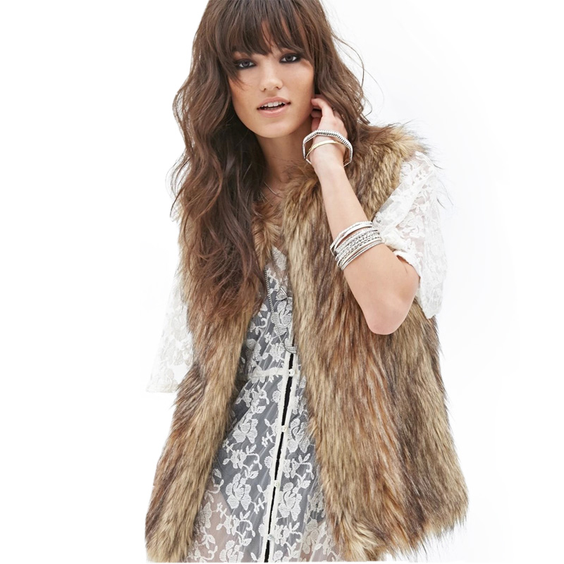 Wholesale-2015 Fashion Women O Neck Faux Fur Vest Brown Sleeveless Wide Waisted Winter Jacket & Coat for Female Casual Outwear for