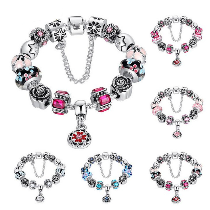 2016 vente chaude style européen 925 argent cristal charme bracelet pour les femmes avec des perles de verre de Murano bleu bricolage bijoux