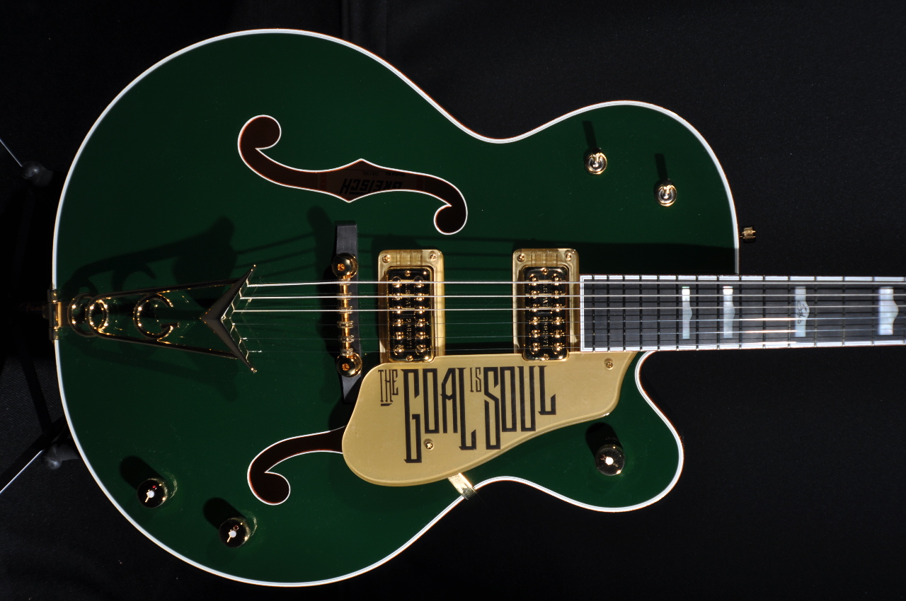 

G6136I BONO Irish Falcon Soul Green Hollow Body Jazz Electric Guitar Gold Sparkle Binding, GoalSoul Pickguard, Double F Holes,