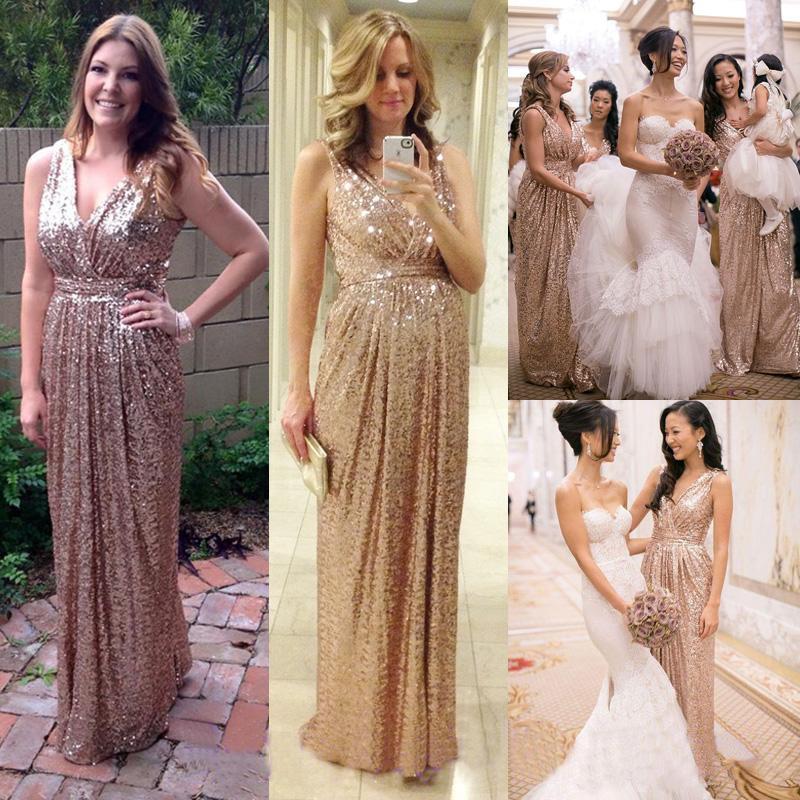 

Sequined Gold Country Bridesmaid Dresses Sexy V Neck Maid Of Honor Dresses Long Pleat Cheap Bridesmaid Robes Plus Size Maternity Dresses