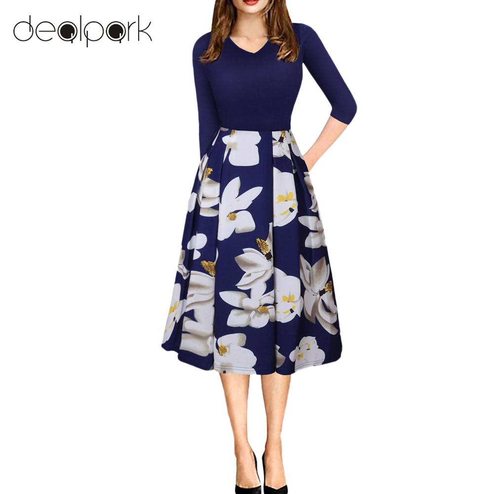 Autumn Women Vintage Floral Print Dress Contrast Puffy Swing Dress Tunic Casual A-line Midi Dress Elegant Basic Beige/Blue/Pink q1113