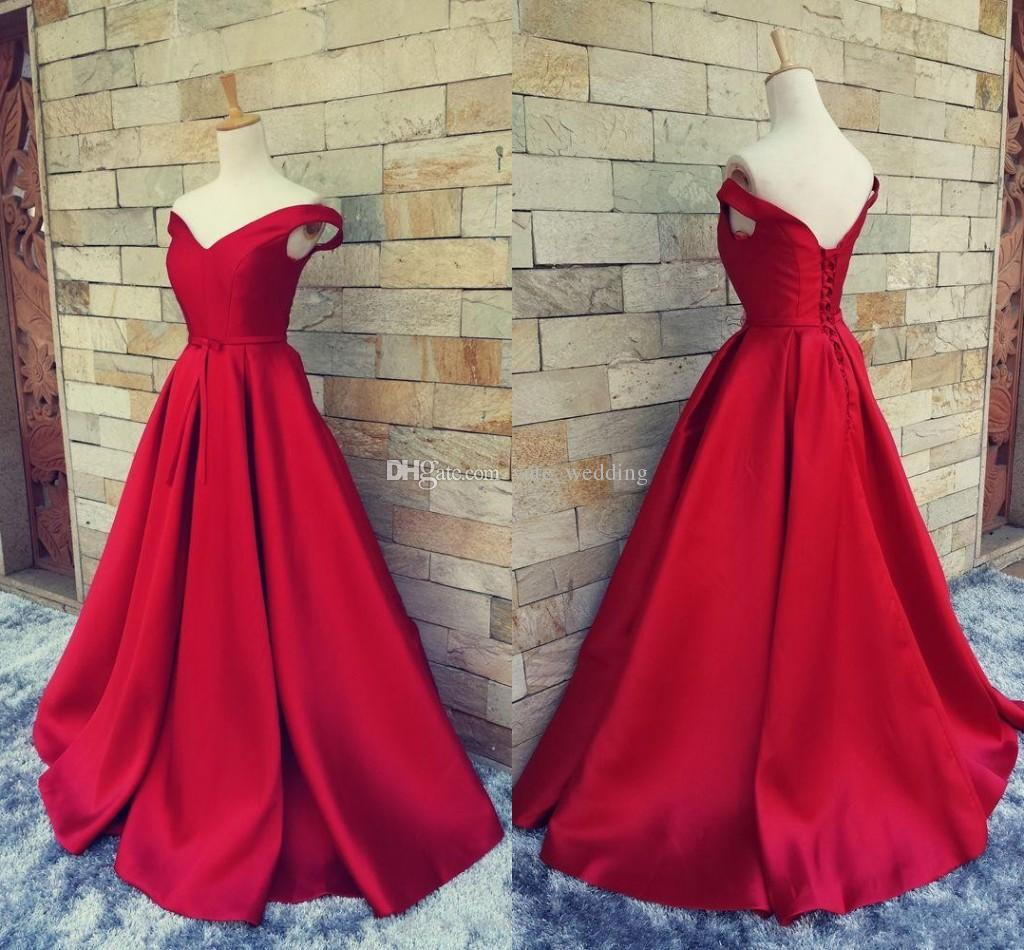 

Actual Pictures Red Long Runaway Red Carpet Evening Dress For Women Formal Gown with Off Shoulder Floor Length Satin Prom Gowns Party