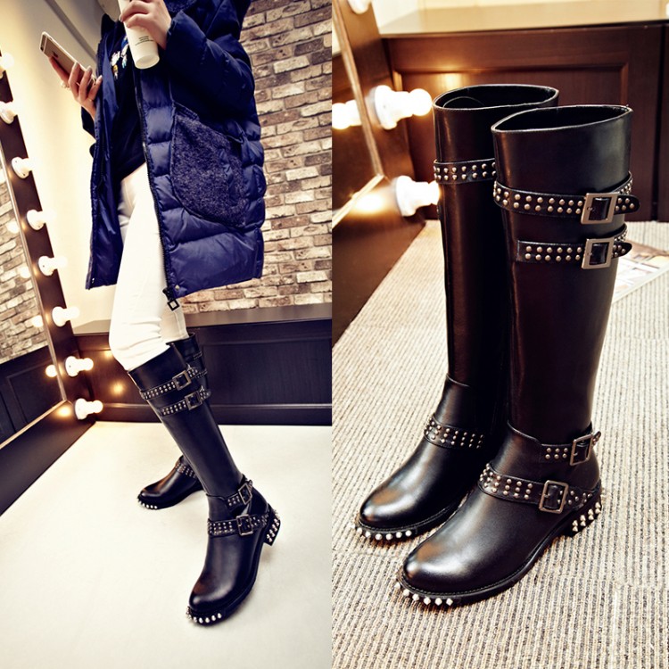 

high quality~b089 34 black genuine leather stud belt knee high flat boots luxury designer inspired runway punk, Black/ask size first