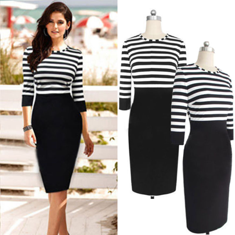 

Black And White Striped O Neck Three Quarter Casual Dress Spring Autumn Basic Empire Slim Bodycon Dress Midi Women Work Dress FG1511