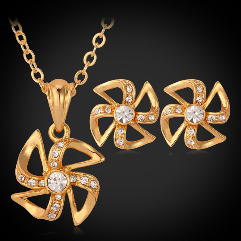 Rhinestone Pendant Necklace Stud Earrings for Women 18K Real Gold Platinum Plated Windmill Cute Fashion Jewelry Set-image-167248347