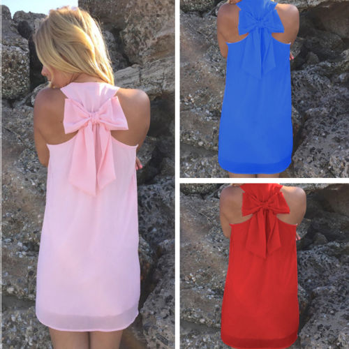 FG1511 Femmes D'été Décontracté Retour Bowknot Mousseline De Soirée Balle De Soirée Mini Robe De Plage
