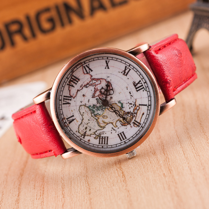

High Quality Vintage Leather Strap Watch World Map Watches Unisex Quartz Clock Cool design Men women Wristwatch, Leave a message about color