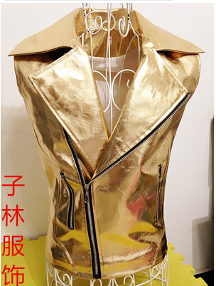 Fall-Show New 2015 DS Costume Dance Paillette Shiny Gold Silver Leather Vest Jacket Men's Singer Stage Vest Costumes / S-XXL