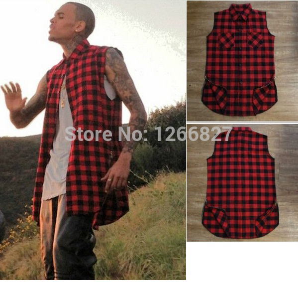 Wholesale-2015 New Summer Fashion t shirt men Scottish plaid Side zipper T-shirt hip hop trend chris brown same paragraph Free shipping