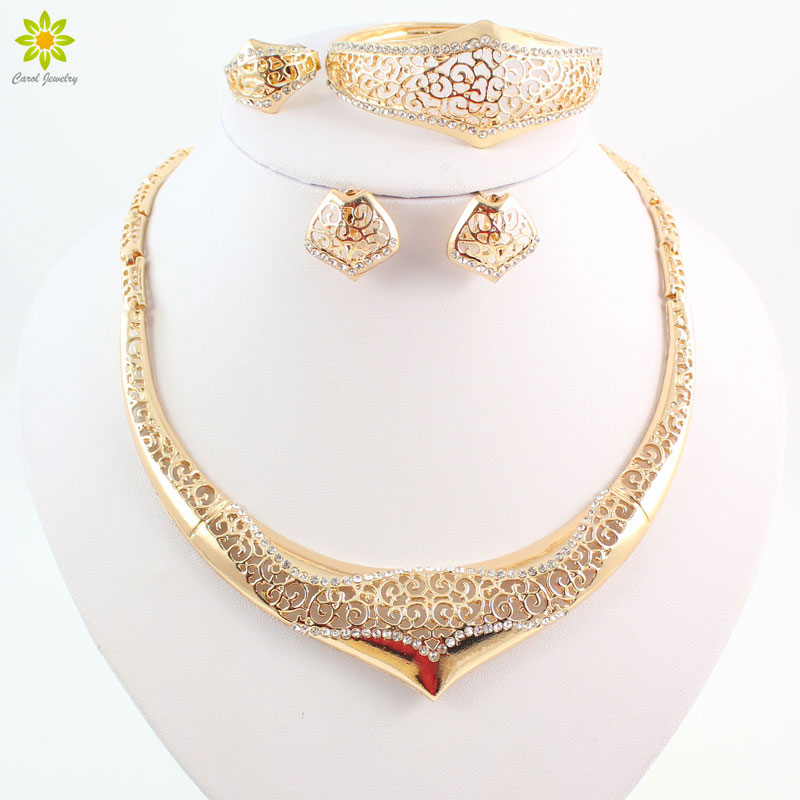 

Women Party Gold Plated African Beads Jewelry Sets Crystal Pierced Necklace Bangle Earrings Ring Wedding Dress Accessories
