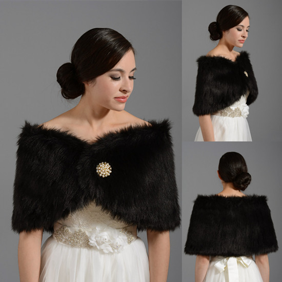 

Women's Faux Fur Wrap Cape Stole Shawl Bolero Jacket Coat Shrug for Winter Wedding Dress with Pearl Diamond Brooch 17009, White