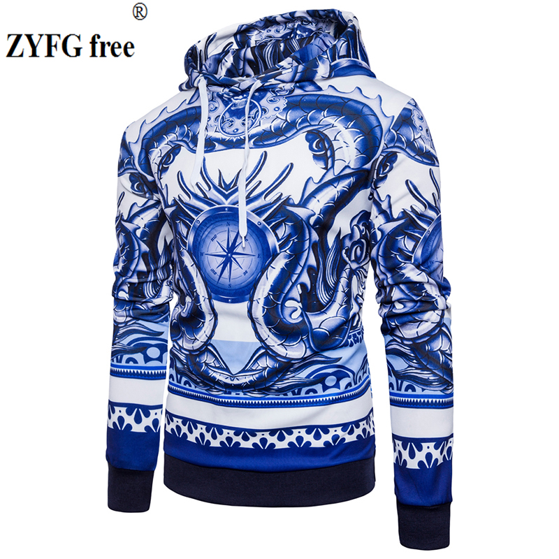 

Wholesale- Winter 2017 New Chinese style Mens Pullovers tops Hoodie Men cotton Fashion Blue and white porcelain printing clothes size -XXL, Dark blue and white