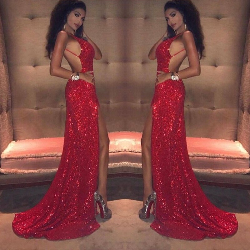 

Glittering Red Mermaid Prom Dresses Deep V-Neck Open Backless Zipper Sequined Party Dress Sexy Side-Split Sweep Train Formal Evening Gowns, Green
