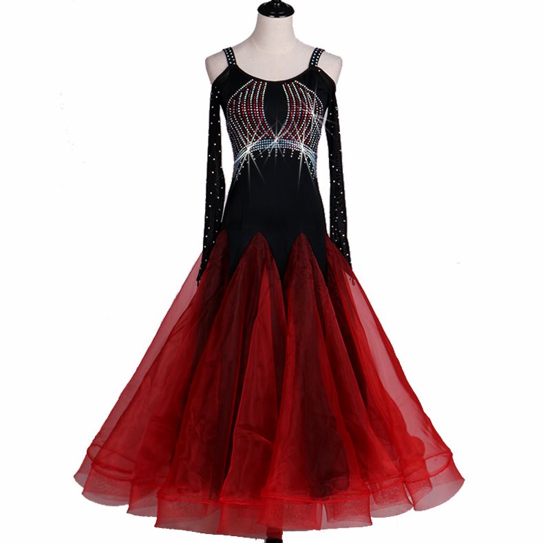 

Ballroom Waltz Dresses Competition Dress Dancing Outfits Ballroom Tango Dance Costumes Customized Size D209 Rhinestones Fluffy Sheer Hem, Black
