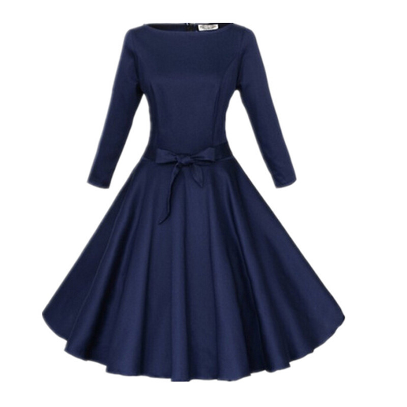 

Wholesale-2016 Women Pinup Vintage 50s Retro Rockabilly Club Dress Plus Size Party Dresses Long Three Quarter Sleeve Black Ball Gown Dress, Red