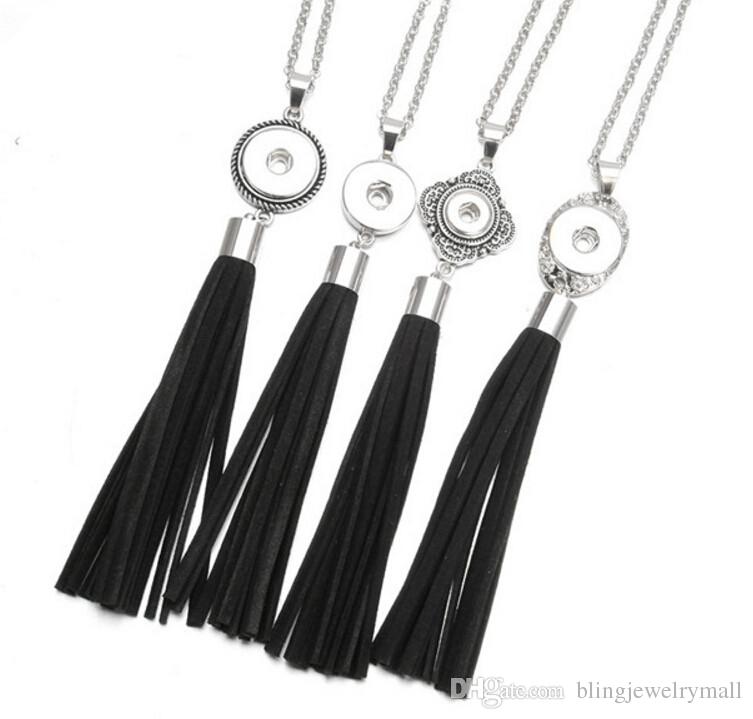 

Hot Sale Black Long Tassel Necklace 18mm Snap Button Pendants Necklace OEM, ODM Snaps Unisex Jewelry