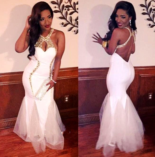 

White Sexy Mermaid Back Prom Dresses with Sequins Gold Beaded Tulle Nigerian women Vestidos de Longo 2016 Formal Party Evening Gowns, Royal blue