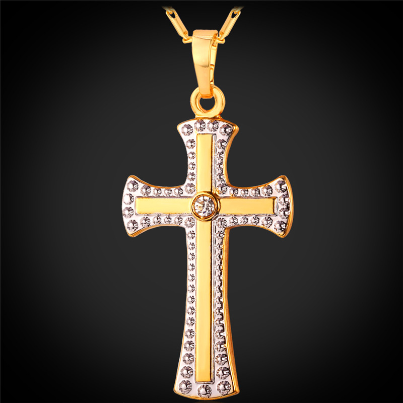 Unisex Cross Jewelry Platinum/Gold Plated Rhinestone Necklace for Women Two-tone Gold Plated Cross Necklace Pendant-image-263837589