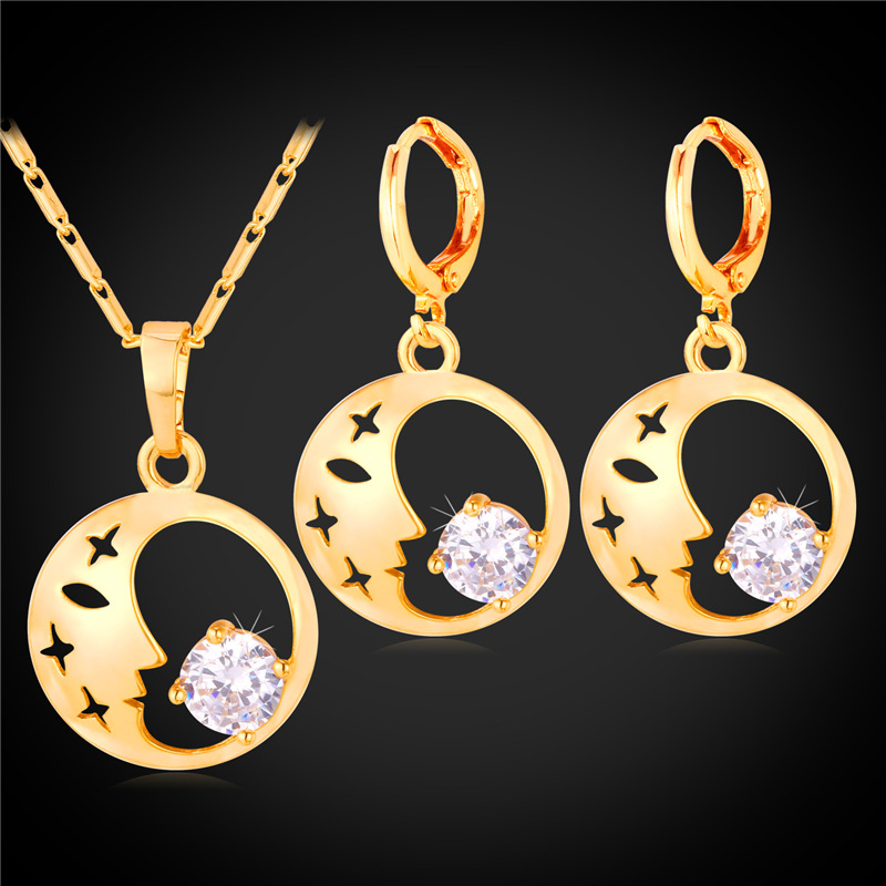 Women's Beauty Face Drop Earrings Platinum/18K Real Gold Plated Pendant Necklace Cubic Zirconia Jewelry Set-image-262531361