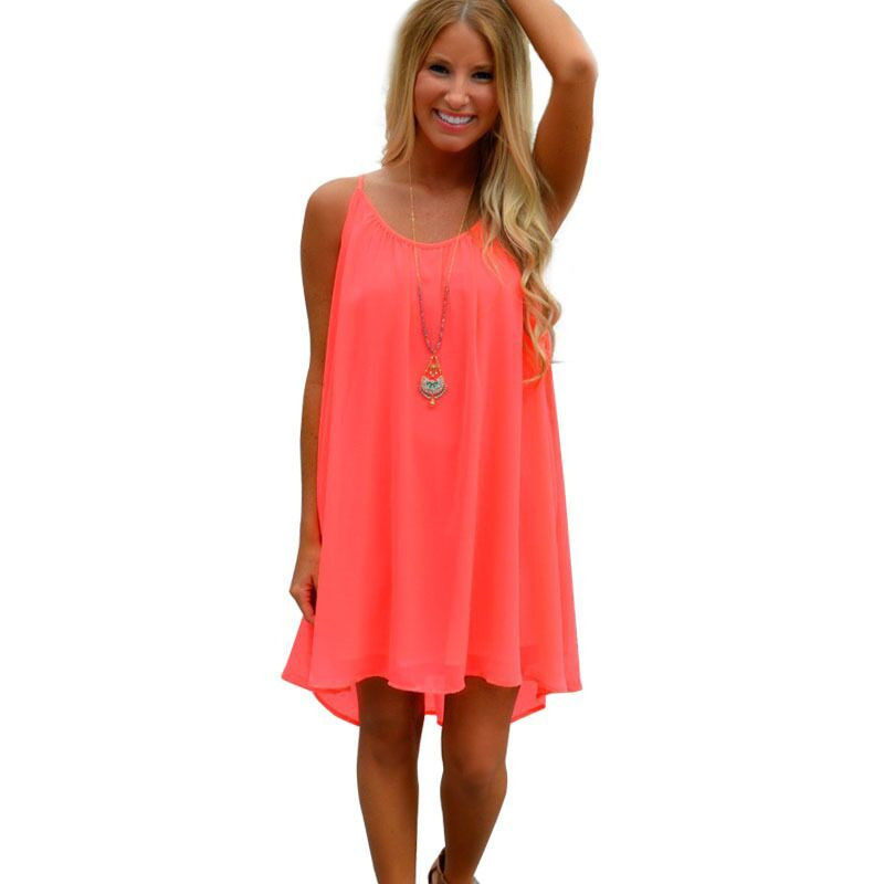 

Spring & Summer Fashion Loose Large Size Women's Casual Dress Sexy Sling Neon Chiffon Dress Solid Color Sleeveless Dress, Black;gray