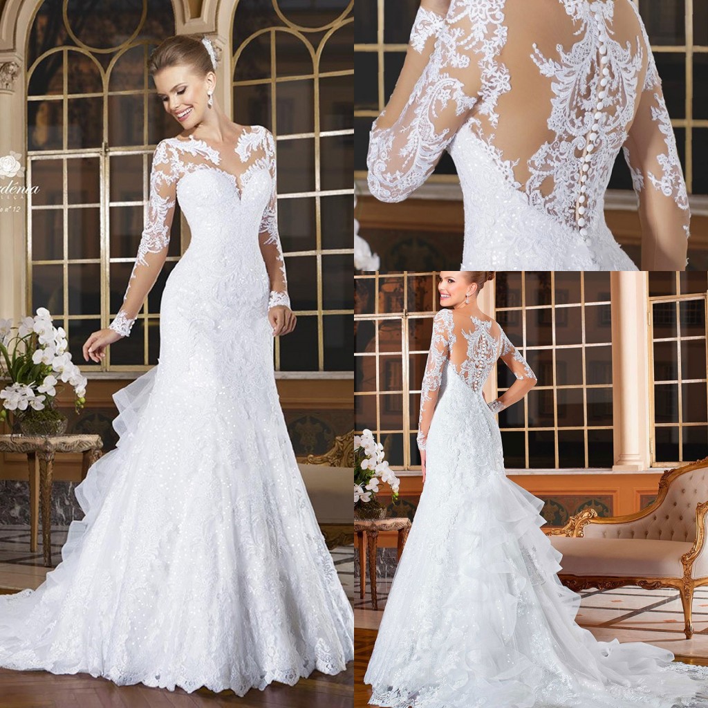 

2022 Vintage Long Sleeves Mermaid Wedding Dresses Appliqued Lace Button Tiered Ruffles Back Bride Gowns vestidos de novia robe de mariage, White