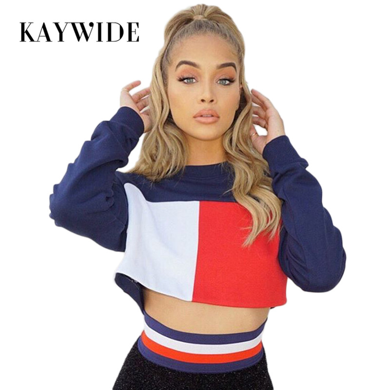 KAYWIDE 2017 Autumn Women Crop Top Series Solid Patchwork Full Sleeve T Shirt O-neck Knitted Casual Hoodies For Women B1720149 q171120