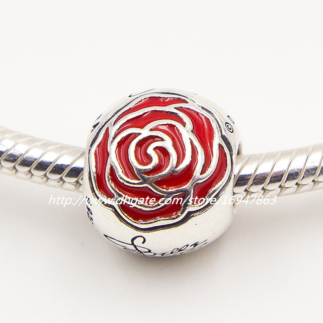 

New 100% S925 Sterling Silver Belle's Enchanted Rose Charm Bead with Red Enamel Fits European Pandora Jewelry Bracelets, Black