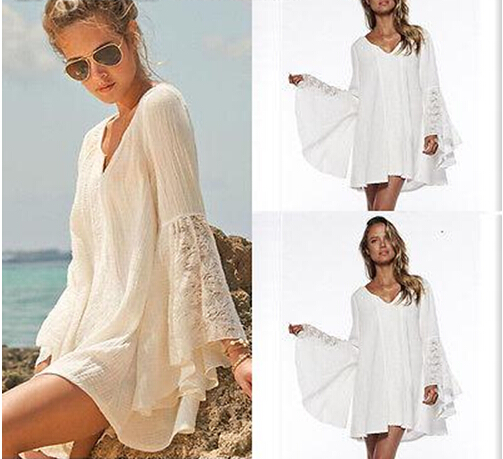 Summer Femmes Vintage Hippie Boho Bell Manches Gypsy Festival Fête vacances Sexy Dentelle Mini Robe Blanc Beige