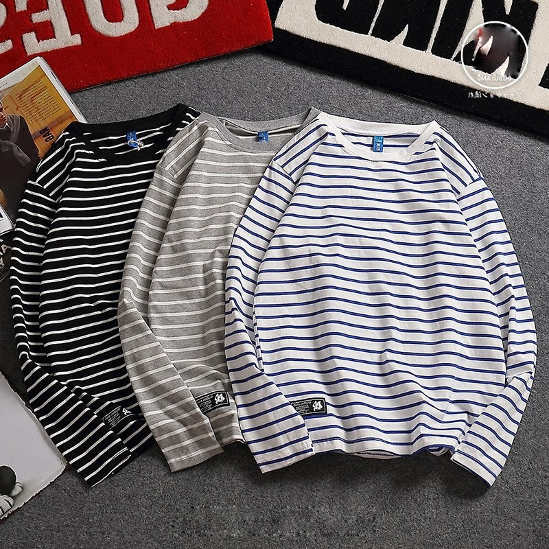 2017 Mode Hiver Automne Hommes T-shirt Blanc Noir T-shirts Polos À Manches Longues Rayé O-cou Casual Streetwear Jogging Lâche Hommes Chemises Vêt