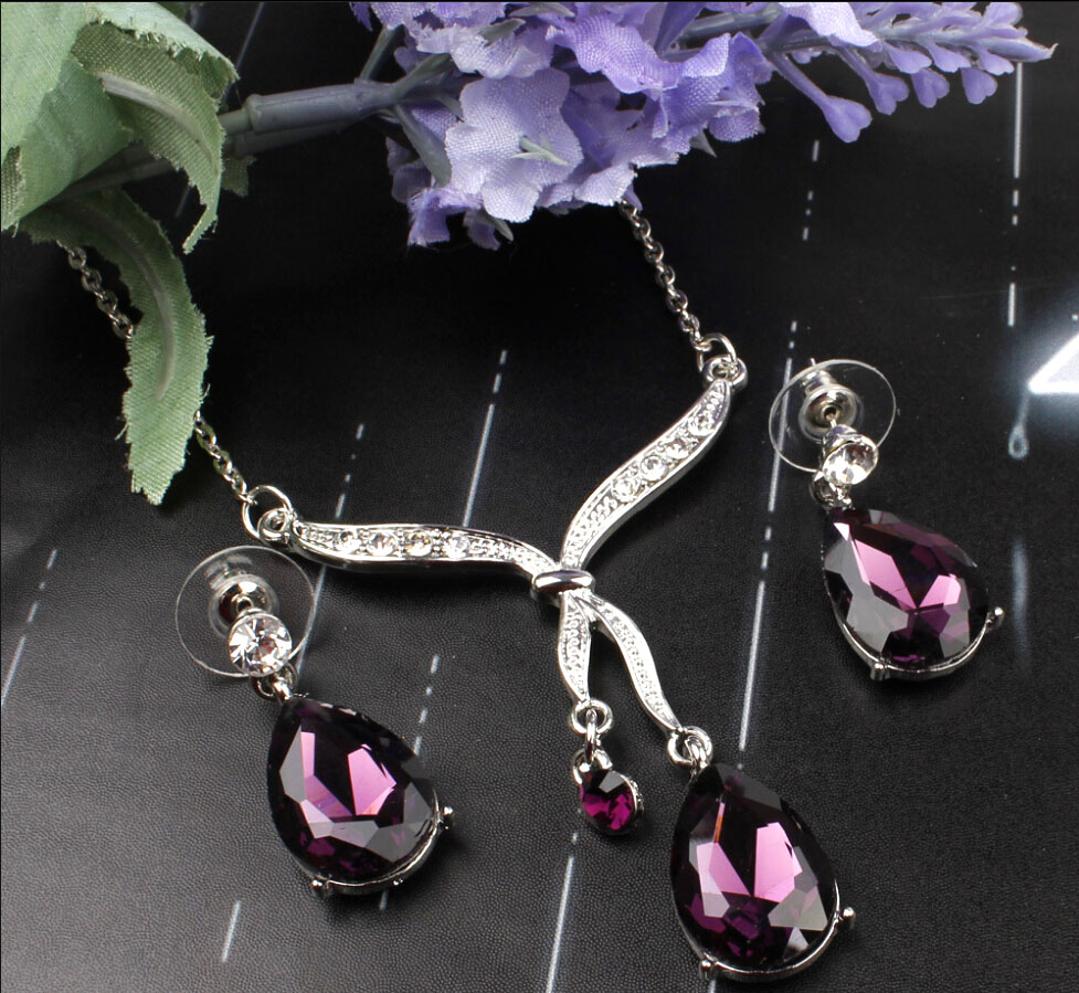 

New Wedding Set Fashion Water Drop Design Clear Austrian Crystal 18K Silver Plated Necklace Earrings Jewelry Set For Women, Pink