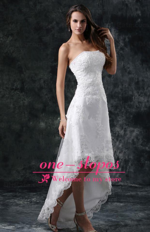 

Hi-low Lace Elegant Aline Wedding Dresses 2018 Strapless Appliqued Cheap Beading Wedding Gowns Backless Sweep Train Bridal WeddingGownCPS110, White