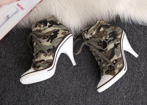 

Student Camouflage Blue Denim Boots High Heels Rivet Studded Jeans Woman Shoes Fashion Cross-Tied Shoes Woman Zapatos Mujer, Multi