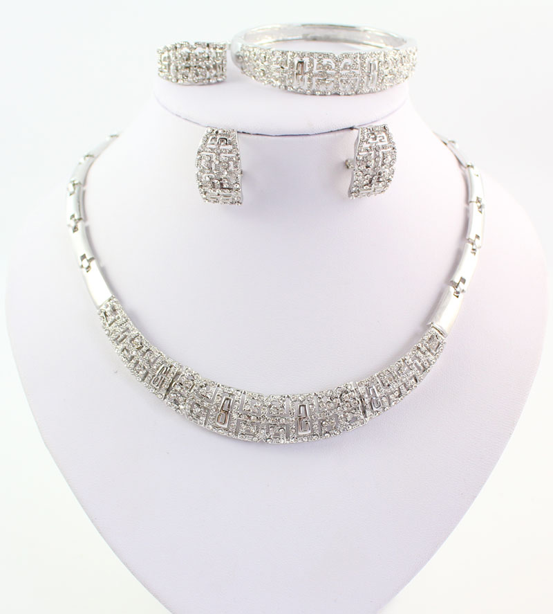 

Africa Jewelry Sets Necklace Bracelet Earrings Ring Fashion 18k Gold/White Plated Women Wedding Party Gift Set, Slivery;golden