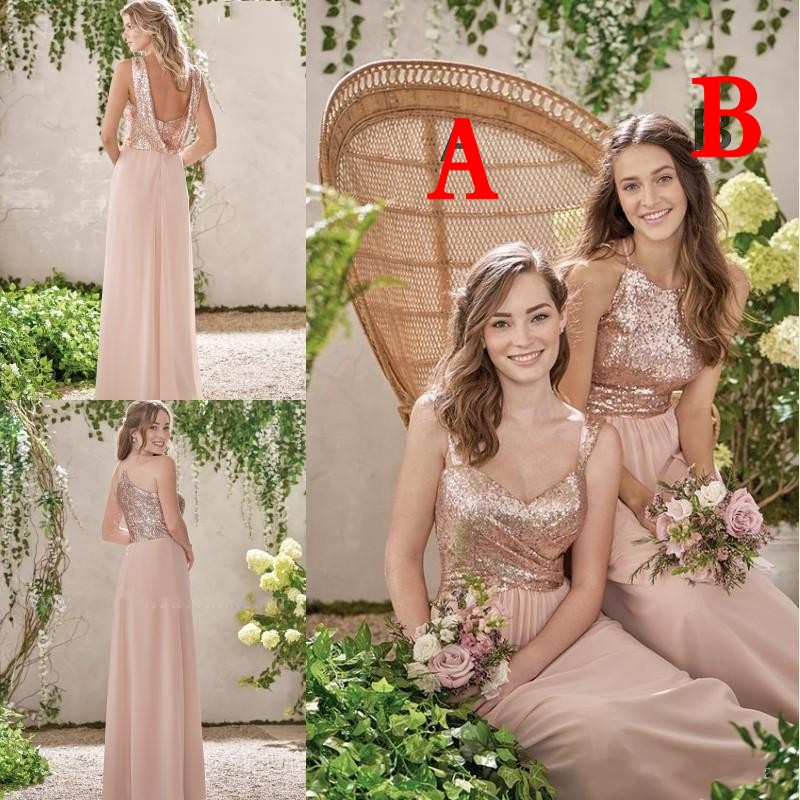 

2020 Rose Gold Sequined Bridesmaid Dresses Sequins Long Chiffon Halter A Line Straps Ruffles Blush Pink Maid Of Honor Wedding Guest Dresses