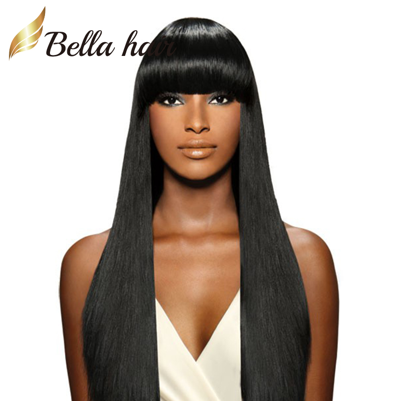 

Silky Straight Full Lace Hair Wig Brazilian Glueless Front Laceee Human Hair Wigs with Bangs For Black Women, #1b black