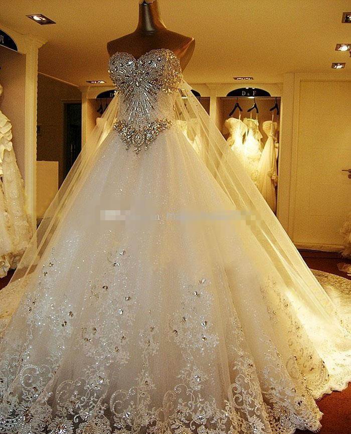 

New Luxurious Princess A-Line Lace Wedding Dresses 2019 Dazzling Handmade Rhinestones Crystal Appliques W1424 Romantic Bridal Gowns Stunning, Gold