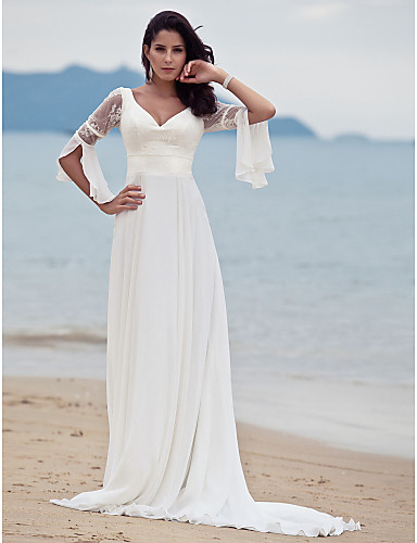 

2016 New Fashion Popular Free Shipping Elegant Ivory Sweep/Brush Train V-neck 3/4 Length Poet Sleeve Chiffon Sheath Wedding Dresses 304, White