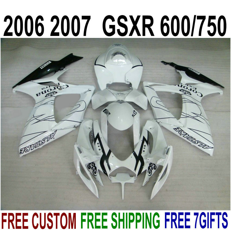 

New aftermarket parts for SUZUKI GSXR600 GSXR750 2006 2007 K6 fairing kit GSXR600/750 06 07 white black Corona fairings set F9Q, Same as the picture shows