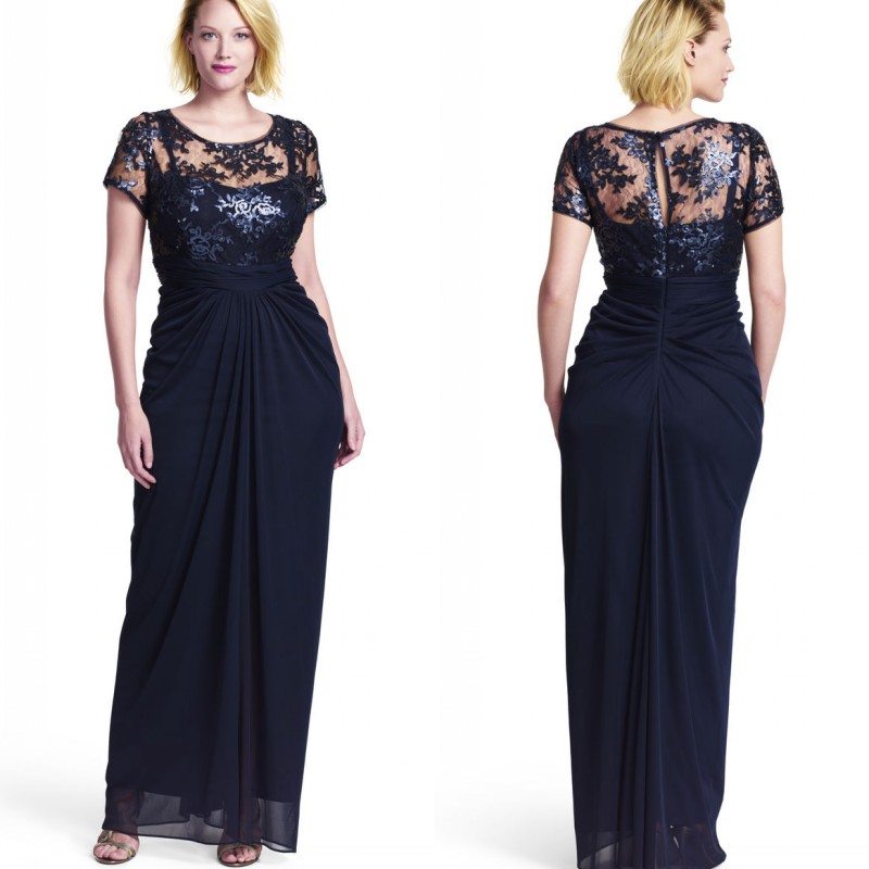 

Navy Blue Chiffon Sheath Plus Size Formal Dresses 2015 New Style Special Occasion Sequin Lace Short Sleeve Evening Dress Custom EN7213