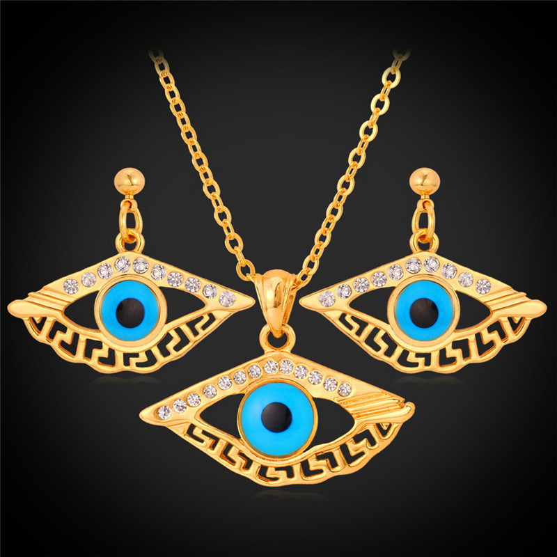 

New Design Vintage Blue Evil Eyes 18K Gold Plated Choker Necklace Dangle Earrings Rhinestone Jewelry Sets, Golden