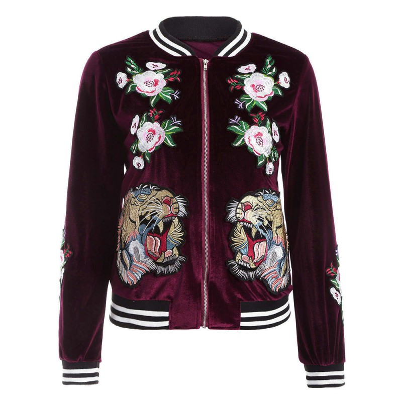 

Wholesale- Fashion Women Slim Velvet Jacket Bomber Embroidered Tiger Casaco Feminino, Black