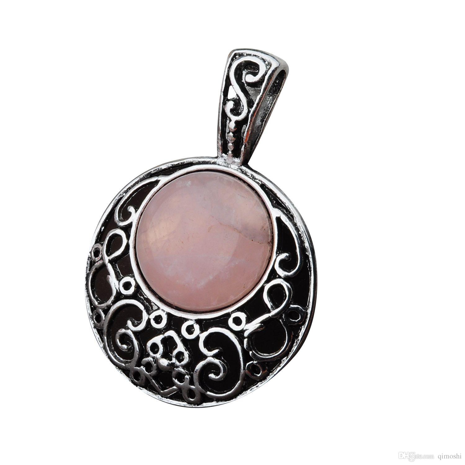 

Semi Precious stone Rose Quartz Pendants 40MM Plated Silver Alloy 20MM Cabochon Crystal Women Necklace jewelry 60cm Chain