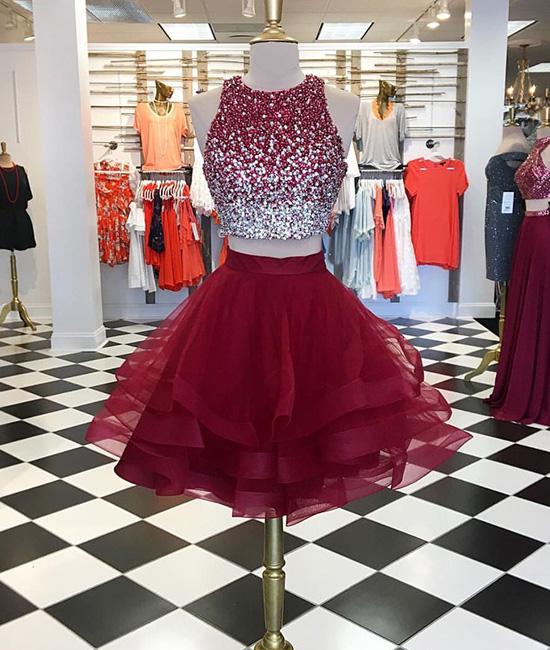 

Chic Wine Red Cheap 2018 Homecoming Cocktail Dresses Two Pieces Jewel Neck Crystal Bodice A line Ruffles Short Prom Party Dress Gowns Girls, Light purple