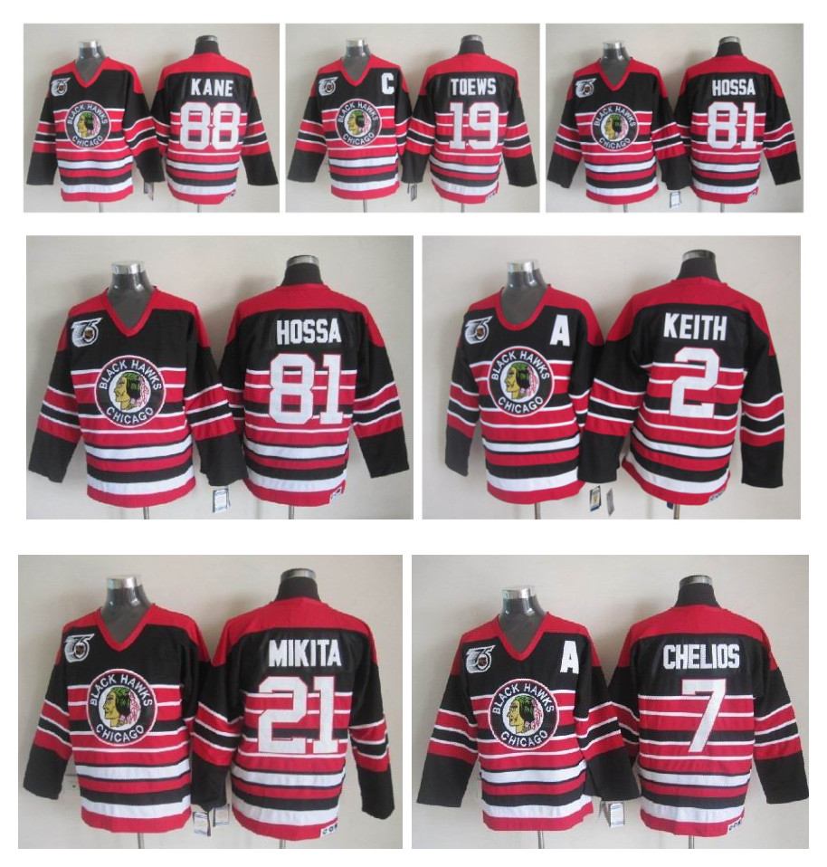 

Chicago Blackhawks 75th Anniversary Ice Hockey Jerseys 2 DUNCAN KEITH 19 Jonathan Toews 81 Marian Hossa 88 Patrick Kane 21 Stan Mikita, Black