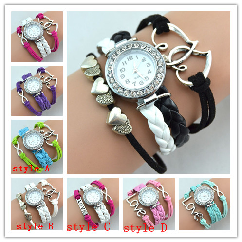 

Infinity Watches Weave Bracelet Lady Wrap Band Love Heart To Heart Wrist Watches Women Quartz Movement Mix Style Free Shipping, As the attached mixed color