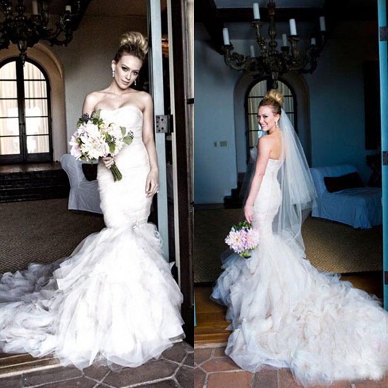

Elegant Ruffles Wedding Dresses Mermaid Trumpet Fit and Flare Strapless Ruched Tulle Low Back Fitted Bridal Gowns Custom Made High Quality, Champagne
