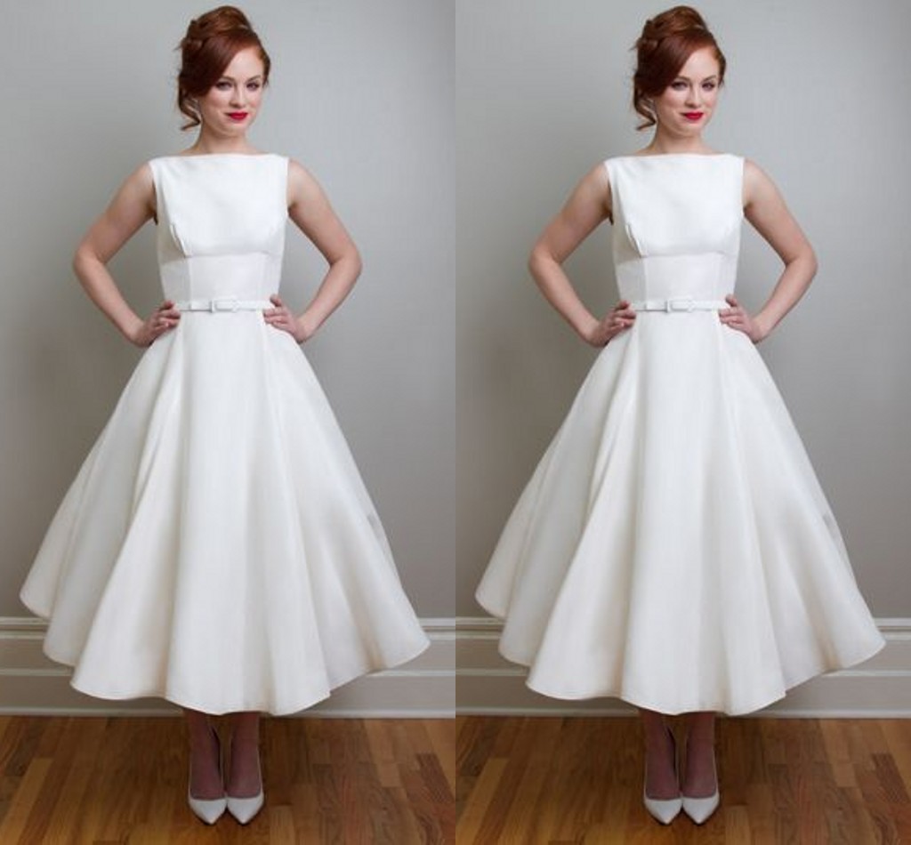 

2016 Spring Graden White Wedding Dresses Empire with Cute A Line Bateau Ankle Length Vintage Design Bridal Gowns fro wedding party, Ivory