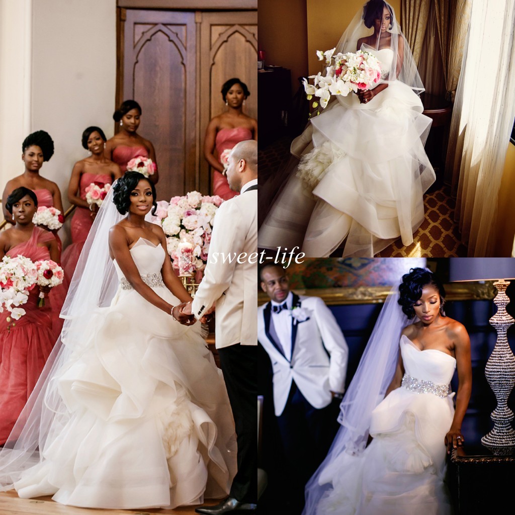 

2019 Nigerian Wedding Dresses Ball Gown Strapless Princess Fluffy Tulle Crystal Sash Backless Custom Made Luxury Church Spring Wedding Gowns, White