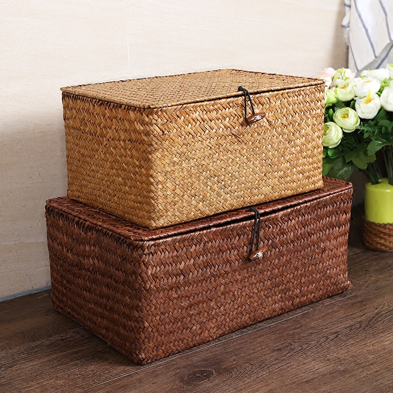 

European Creative See Grass Straw Handmade Woven Basket With Cover Rattan Box Bin Storage Sundries Holder Home Decor